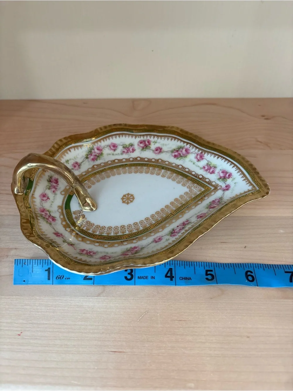 Antique Heinrich & Co Bavarian Porcelain Leaf Dish Gold Gilt Rose Trinket Tray